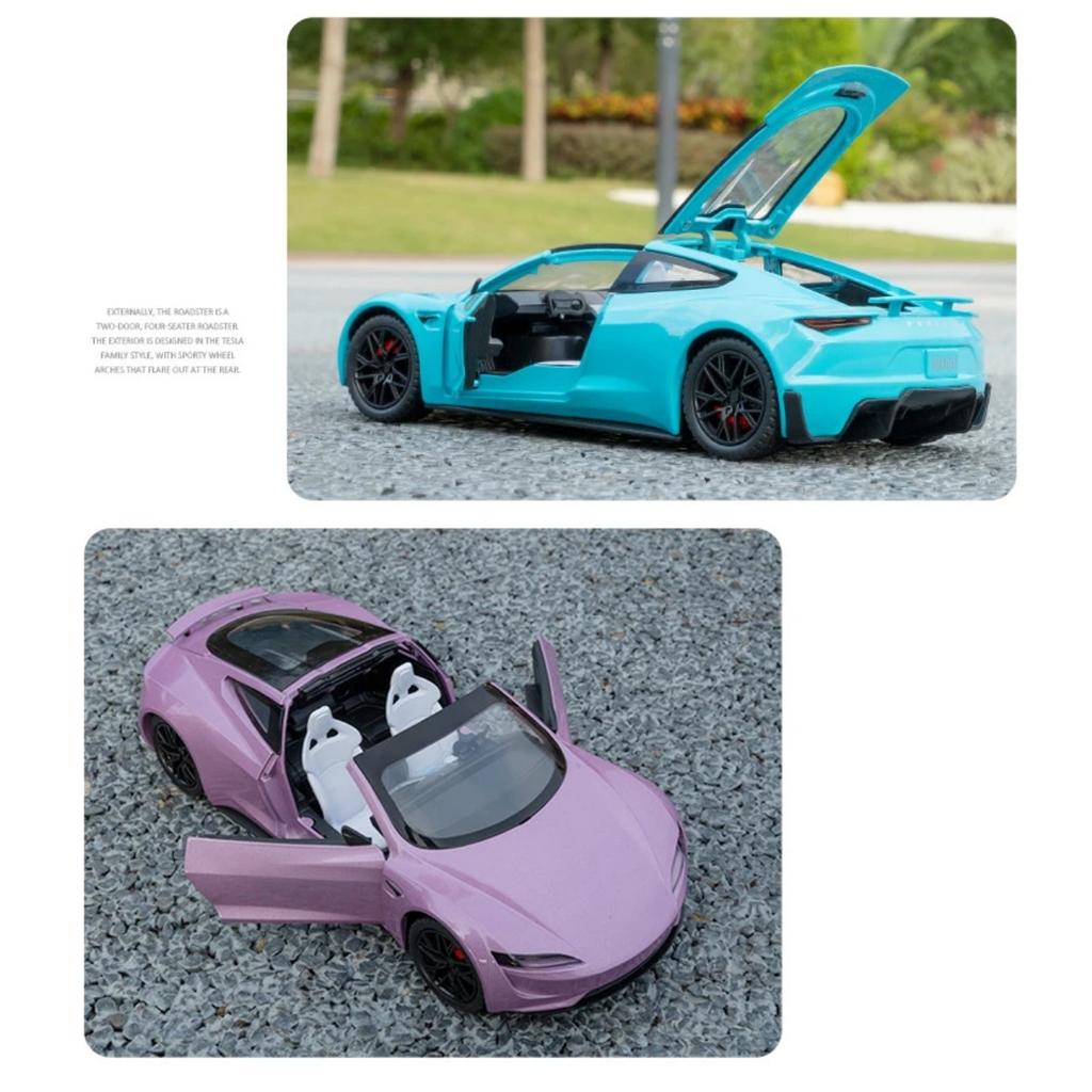 1/24 Tesla Roadster Convertible Alloy Sports Car Model Diecast Metal Toy Concept Car Model Simulation Sound and Light Kids Gift