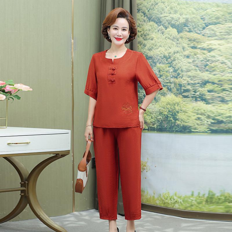 

Summer Ethnic Plus Size Retro Two-Piece Set: Loose Top & Wide-Leg Pants for Middle-Aged & Elderly Women 4XL (130-145 jin) помаранчевий