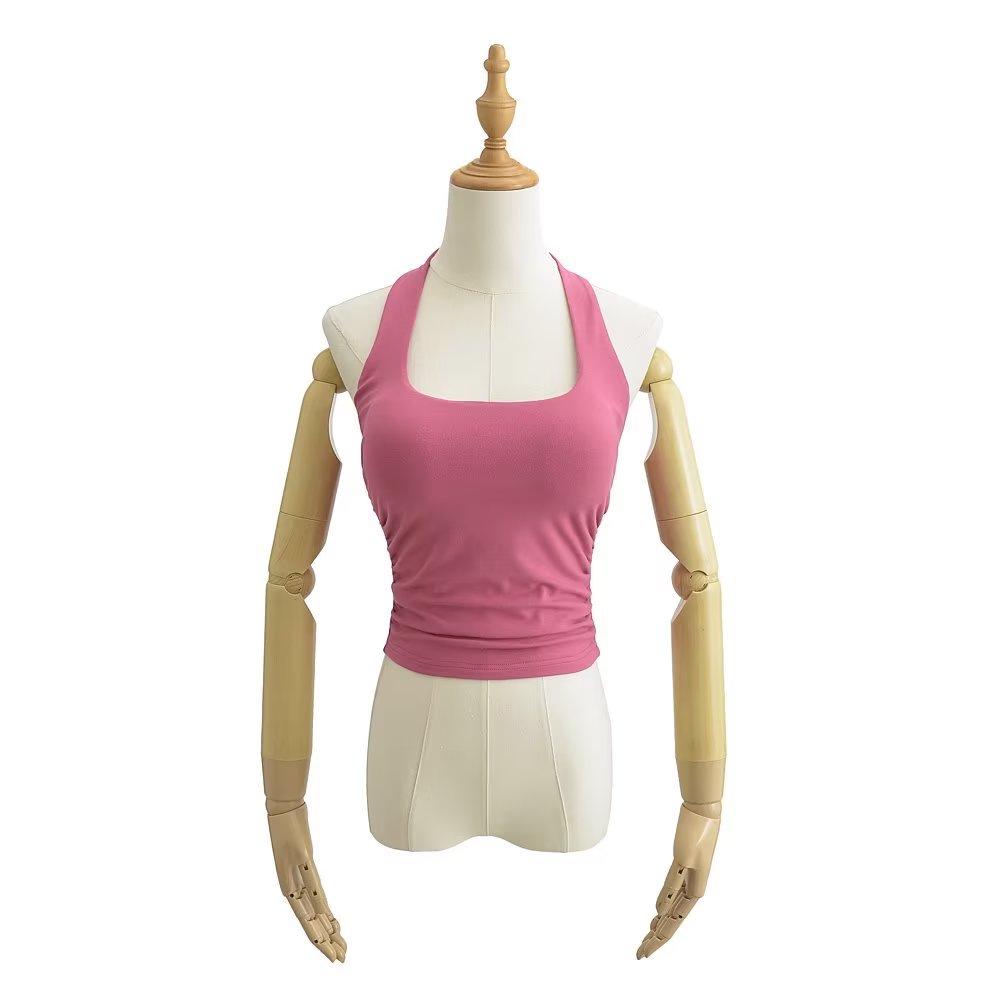 YPFF Stylish Women's Padded Halter Tank Top - Backless, Ruched, Waist-Slimming Crop Top