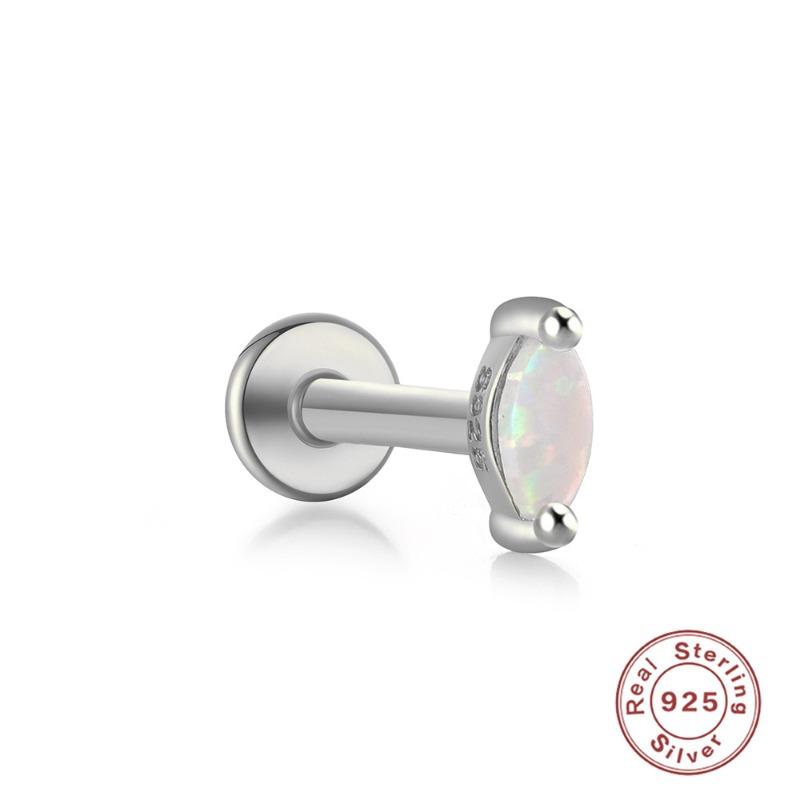 Pure Silver 925 Opal Flat Head Piercing Jewelry Classy Perforated Threaded Ear Bone Nail Ears