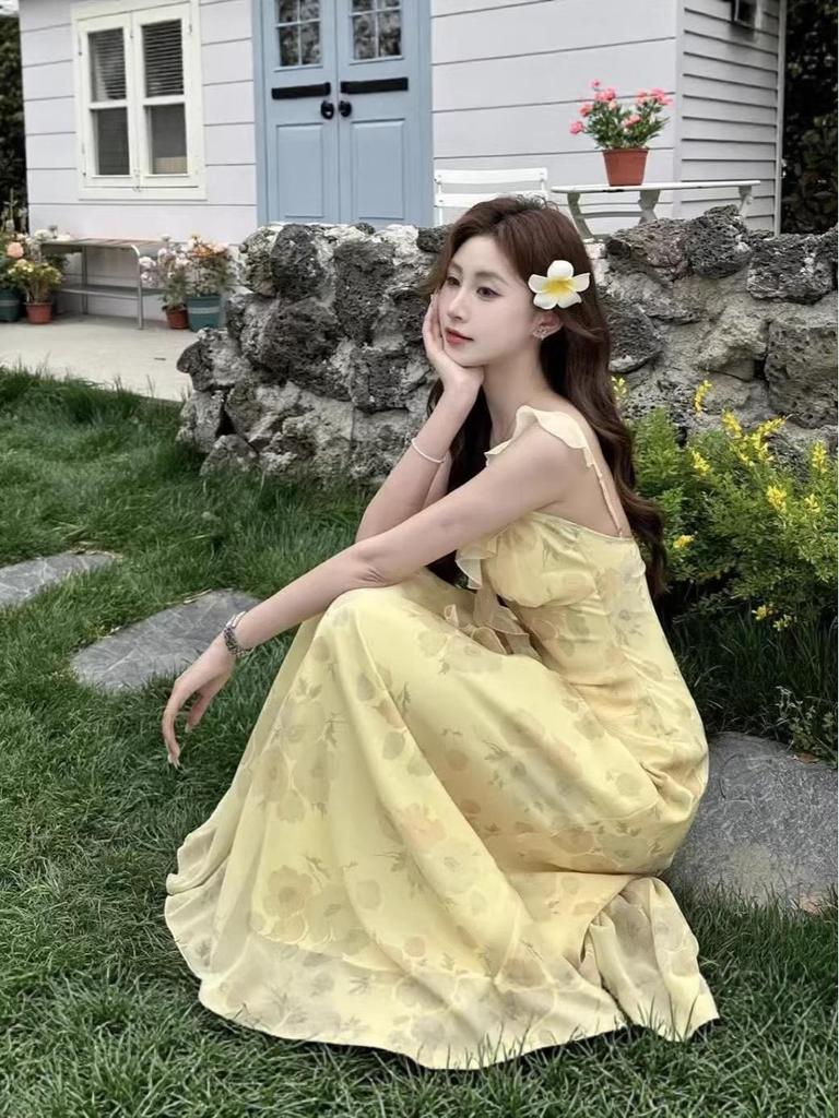 Yellow Floral French Style Slim Bodycon Tea Length Summer Dress