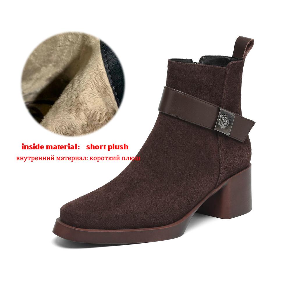 Krazing Pot Cow Suede Nubuck Round Toe Chunky Heels Chelsea Boots Size 43 Zipper Metal Flowers Women Platform Ankle Boots