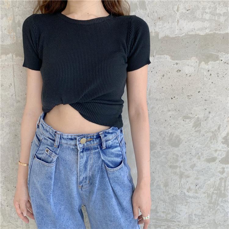 Fashion Avocado Green Short-sleeved T-shirt Female Spring and Summer Slim Tops Tight Knit Shirt Thin Wind Casual Essential Slim Fit Pullovers Tees