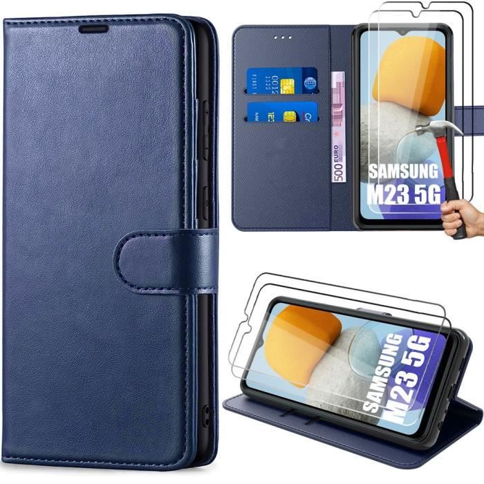2 Verres Trempés + Coque pour Samsung Galaxy M23 5G Bleu Marine Anti-Rayure Antichoc Effet Cuir