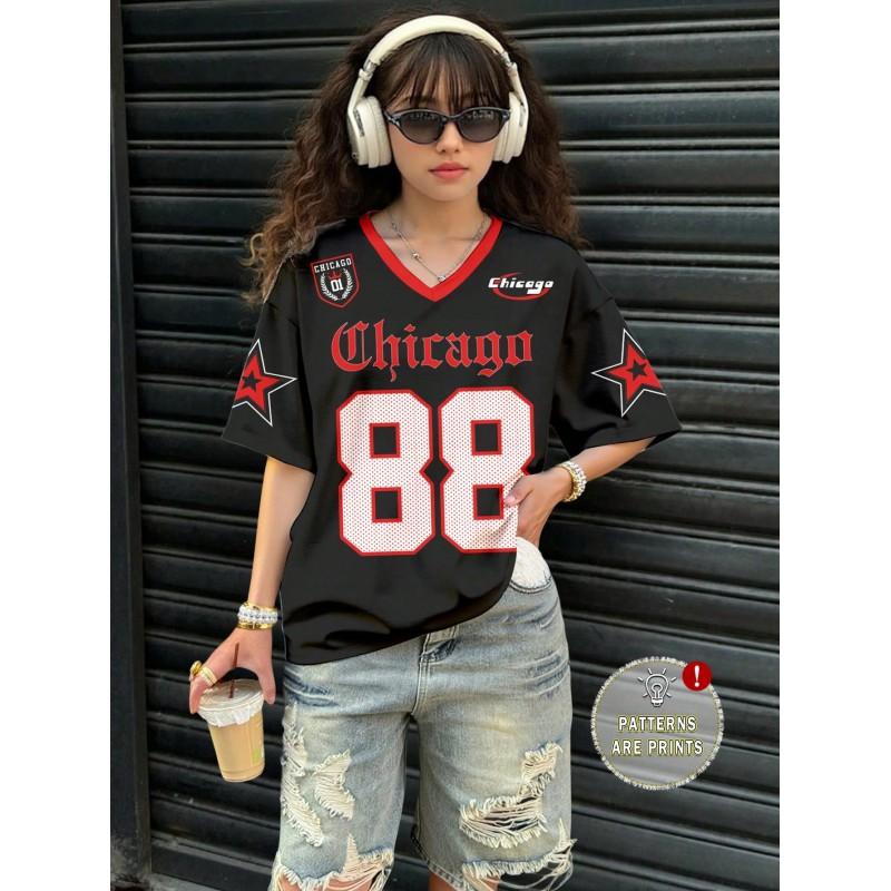 Womens V-Neck Short Sleeve T-Shirt With 3D Digital Print Loose Fit Casual Chic Top 2025