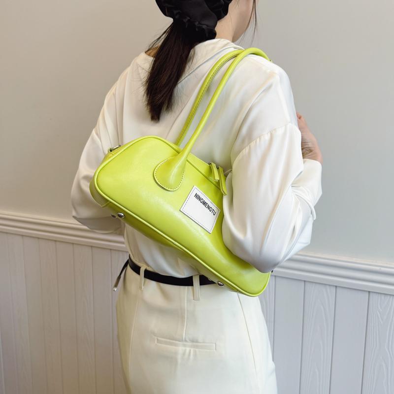 Neon Green Leather Shoulder Bag for Women - Trendy Baguette Handbag with Detachable Strap, Fashion Retro Purse