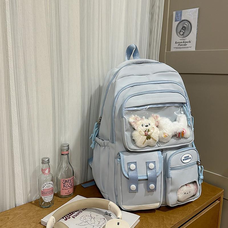 Color Solid Simple Student Backpack With Transparent Compartment And Decor Doll