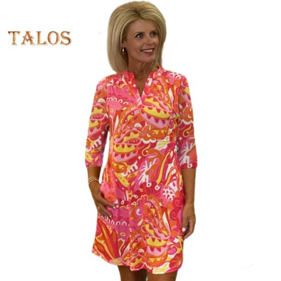 

Женское платье с V-образным вырезом и рукавом 3/4, платье А-силуэта, яркое цветное платье длиной до колена, повседневная одежда для отпуска M красный