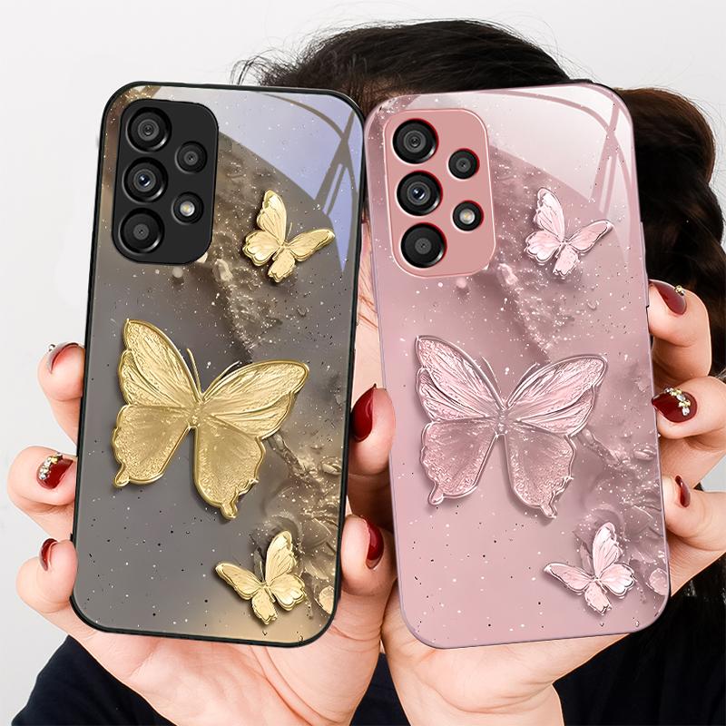 Golden Butterfly Pink For Samsung Galaxy S23 U Ltra 24 Plus S20 21 FE S25 Ultra A70 A72 73 51 52 53 Tempered Glass Phone Case
