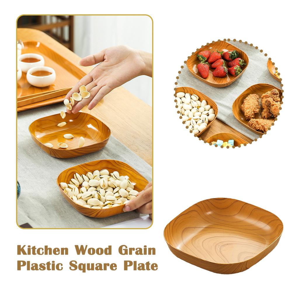 Wood Grain Plastic Square Coaster Plate Kitchen Serving Tray Flower Pot Cup Pad Spit Bone Dish