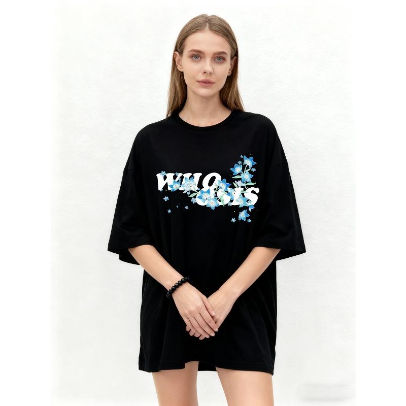 Oversized T-Shirt Black Who Is Floral Print Design Casual Wear for Women Summer Streetwear Fashion Statement Top