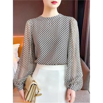 Damen Frühling und Sommer Elegante Chiffonblusen Stehkragen Locker Langarm Pullover Tops