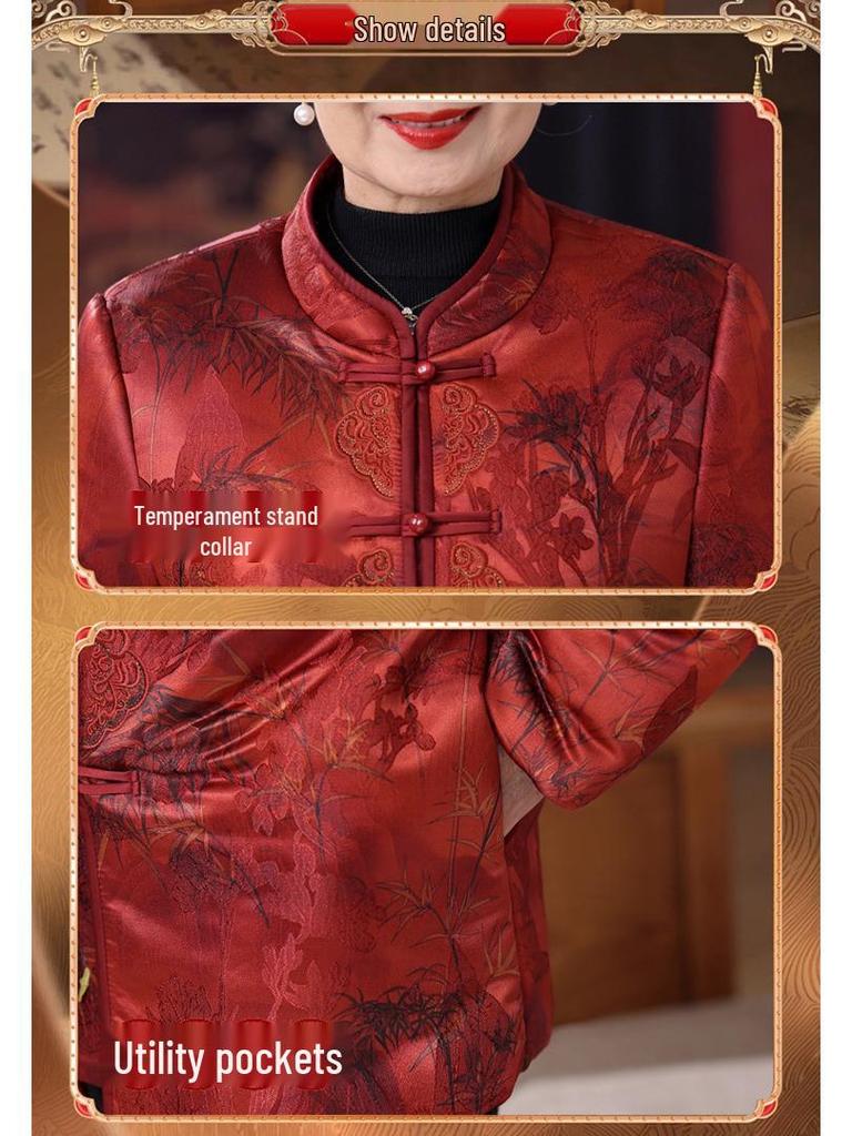 Winter Chinese Style Plate Buckle Padded Jacket for Elderly Women - Festive Tang Suit