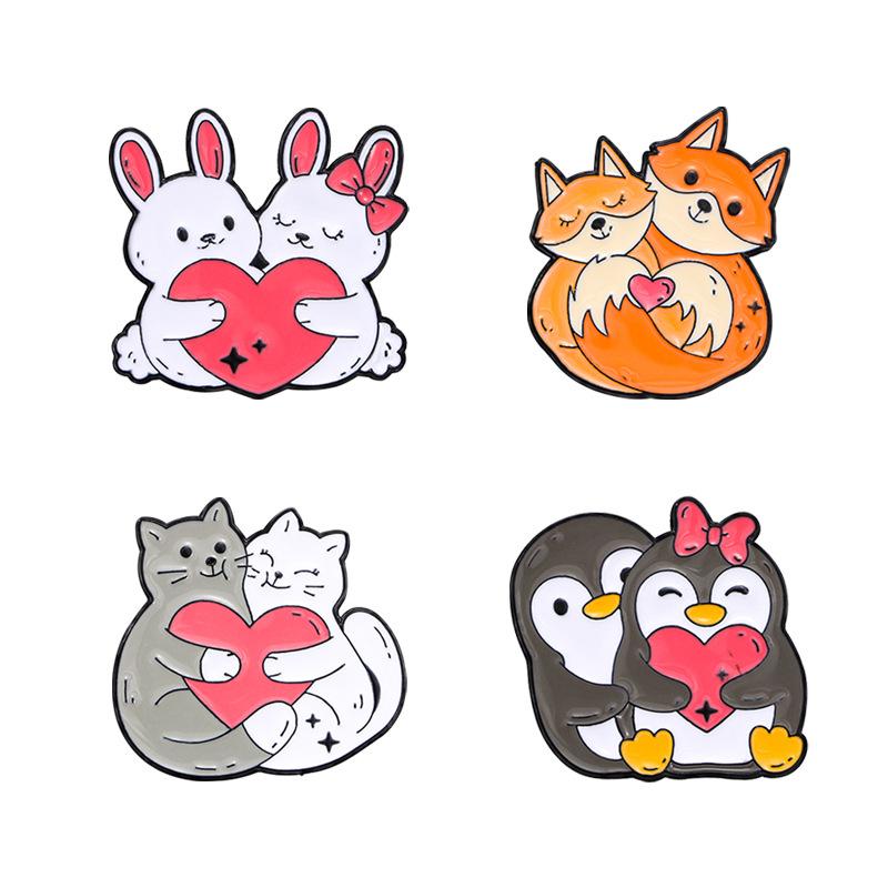 Cartoon Couple Animals Enamel Brooch Penguin Cat Rabbit Fox Heart Lovers Lapel Pin Badge Backpack Clothes Jewelry Accessories