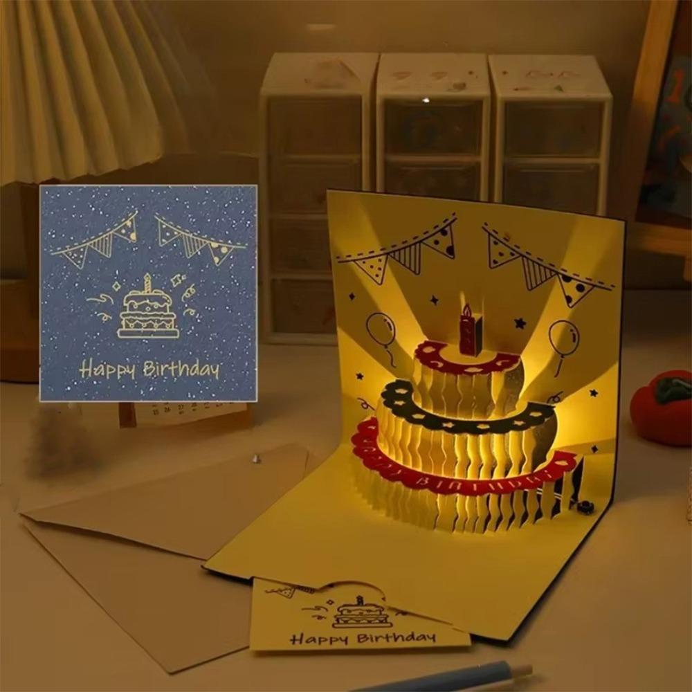 

Резная 3D открытка для торта на день рождения, складная, с конвертом, со светодиодной подсветкой, всплывающая открытка, уникальная забавная всплывающая поздравительная открытка на День святого Валентина синий