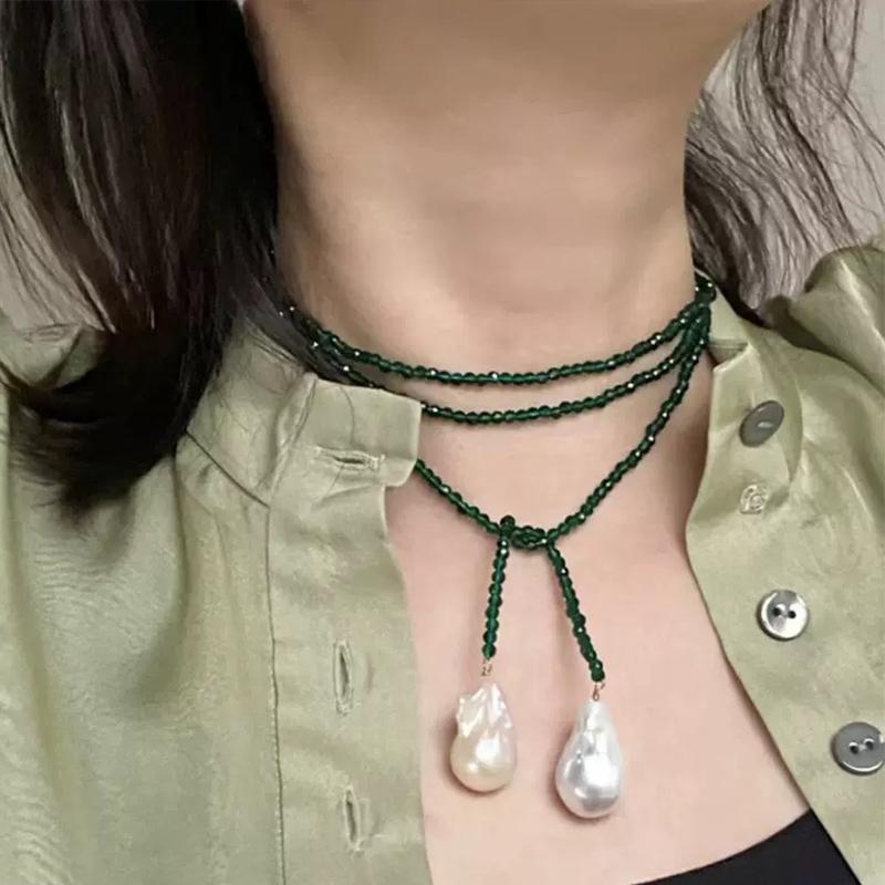 Retro Alien Irregular Baroque Pearl Pendant Necklace for Women Vintage Green Black Crystal Bead Long Necklace Neck Chain Jewelry