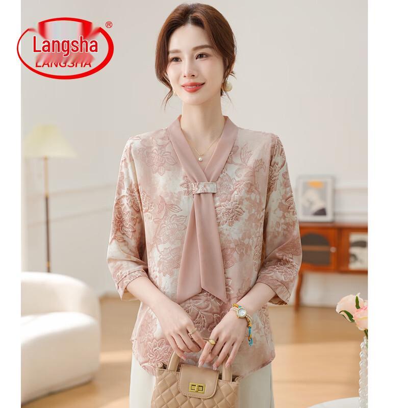 LangSha Women s Summer Floral Chiffon V-Neck Blouse XL