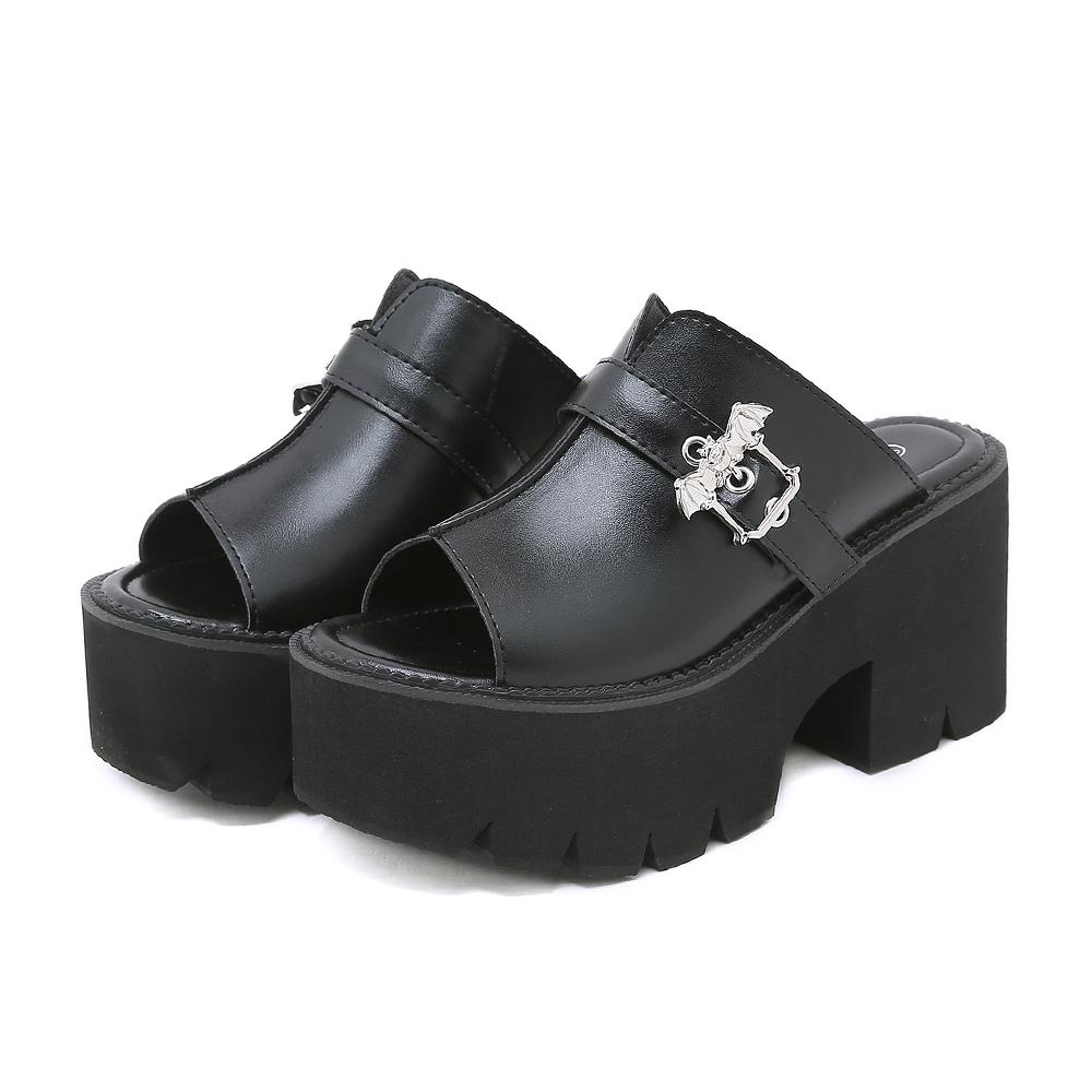 

Gdgydh Goth Bat Buckle Mule Sandals for Women Heel Open Toe Thick Platform Summer Shoes Sligbacks Plus Size Black Slip On 43 чёрный