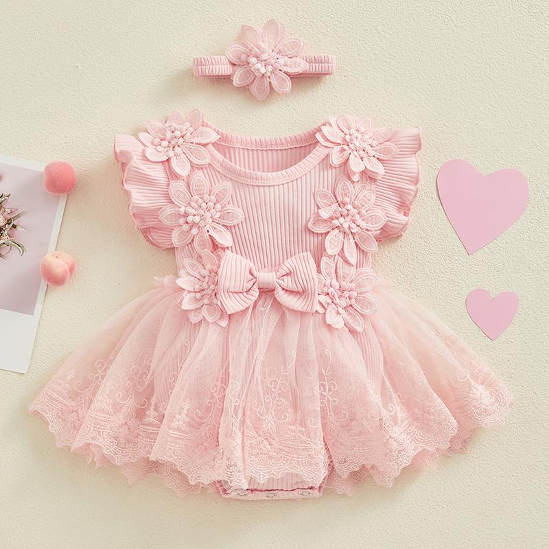 Newborn Baby Girl Romper Dress 2 Pcs Outfits Mesh Lace Patchwork Ruffle Bodysuit and Headband Cute Summer Clothes