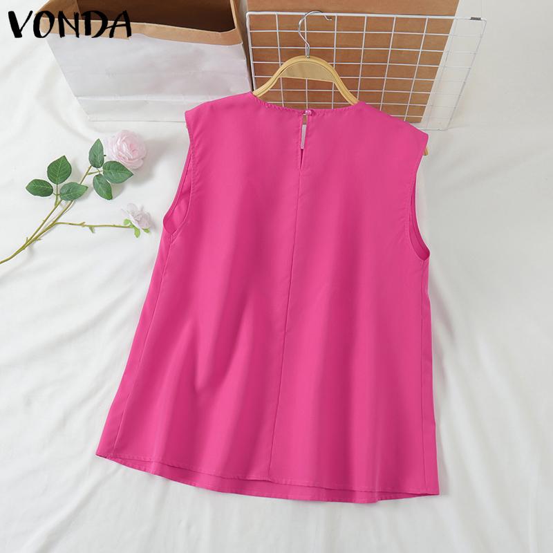 VONDA Women Summer Round Neck Sleeveless Solid Color Vests
