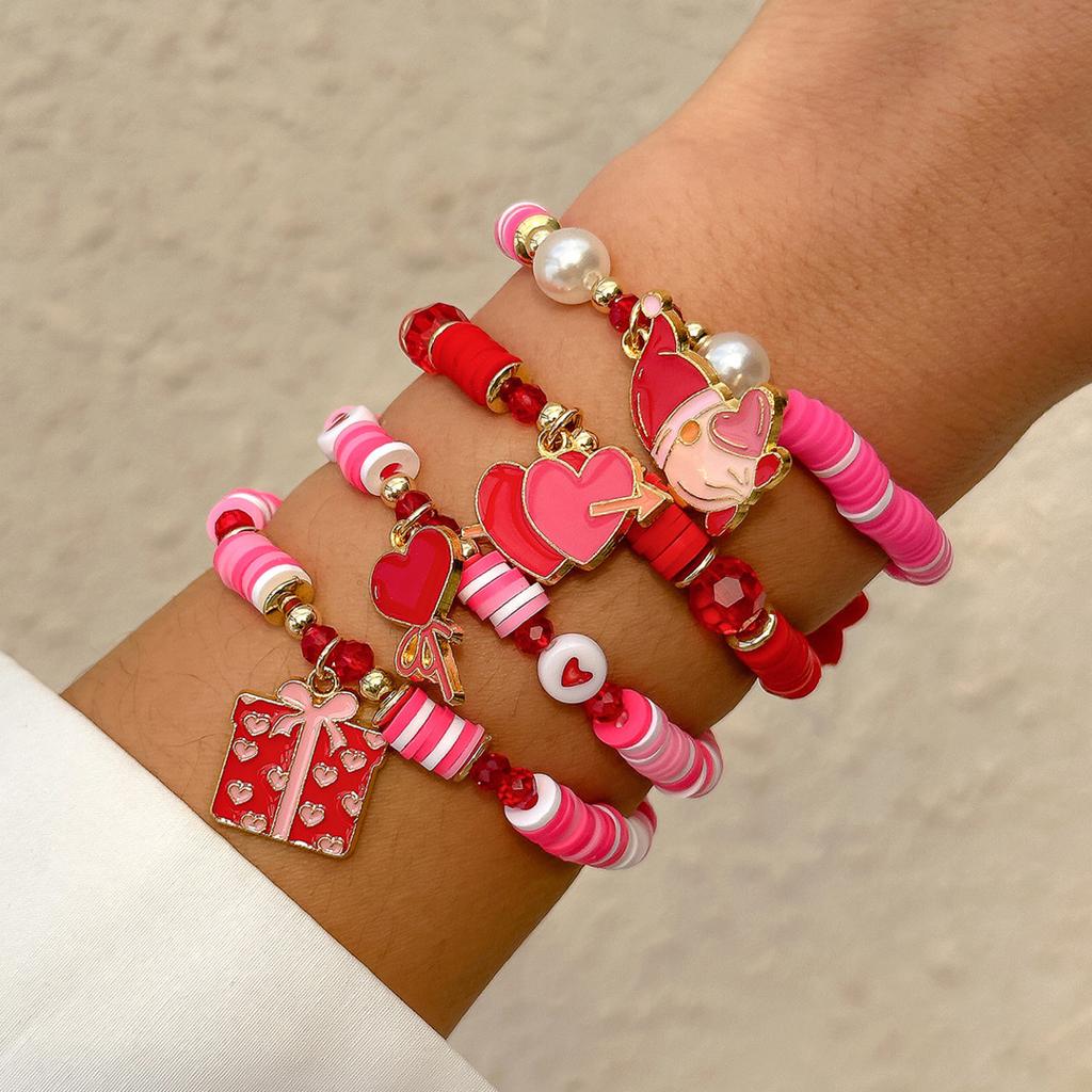 SHIXIN 4Pcs/Set Cute Pink Santa Claus Heart Pendant Bracelet Women Romantic Red Crystal Beaded Bracelets Christmas Jewelry Gift