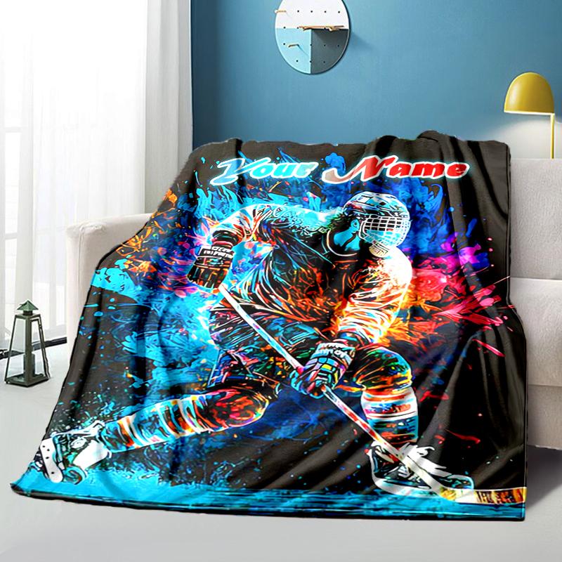 1PC Custom Name "Dynamic Hockey Player Artwork" Flannel blankets Patterns Throw Blanket All-Season Soft Gift for Couch, Bed, Camping gifts