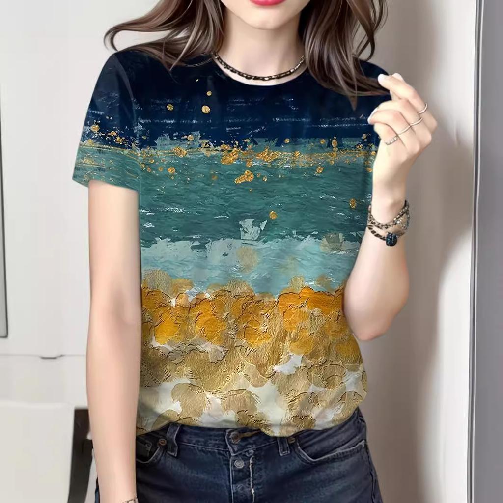 3D Digital Printing T Shirts Women's Irregular Round Neck Short Sleeved T-shirt
