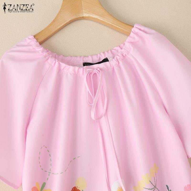 ZANZEA Women Casual Round Neck Floral Print Summer Short Sleeve Blouse