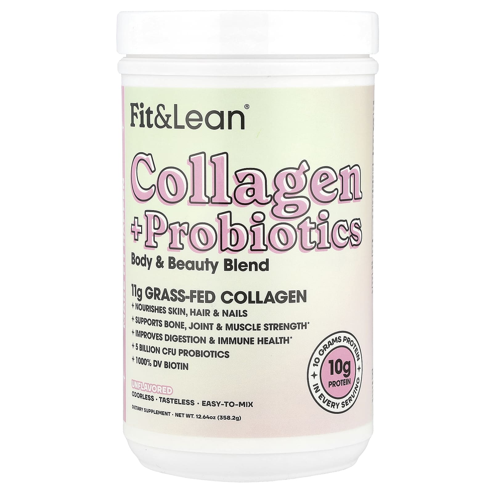 

Fit & Lean, Collagen + Probiotics, Unflavored, 12.64 Oz (358.2 G)