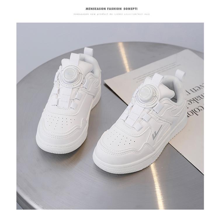Warrior Kids' Winter 2025 White Leather Sneakers with Rotating Button for Boys and Girls - Versatile Casual Shoes