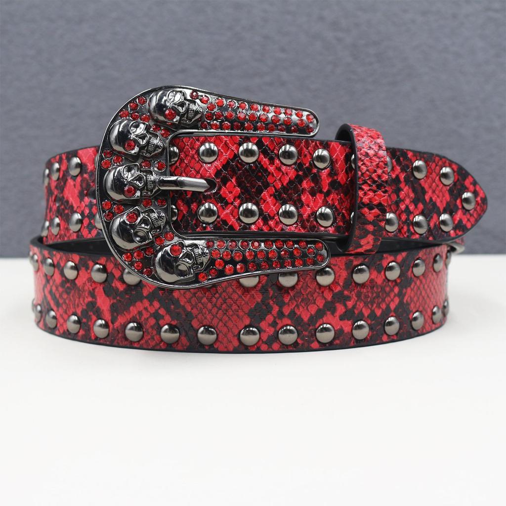 Cintura Unisex Y2K Teschio Strass con Borchie e Decorazioni Effetto Pelle di Serpente