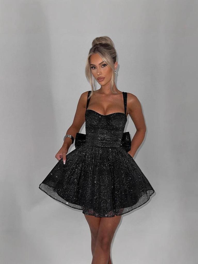 Europe 2026 Strapless Slim Bright Silk Sparkle Dress with Bowknot