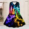Women Plus Size V Neck Long Sleeve Teal Brown Printed A Line Flared Dress With Belt