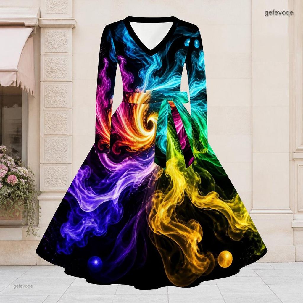 Women Plus Size V Neck Long Sleeve Teal Brown Printed A Line Flared Dress With Belt