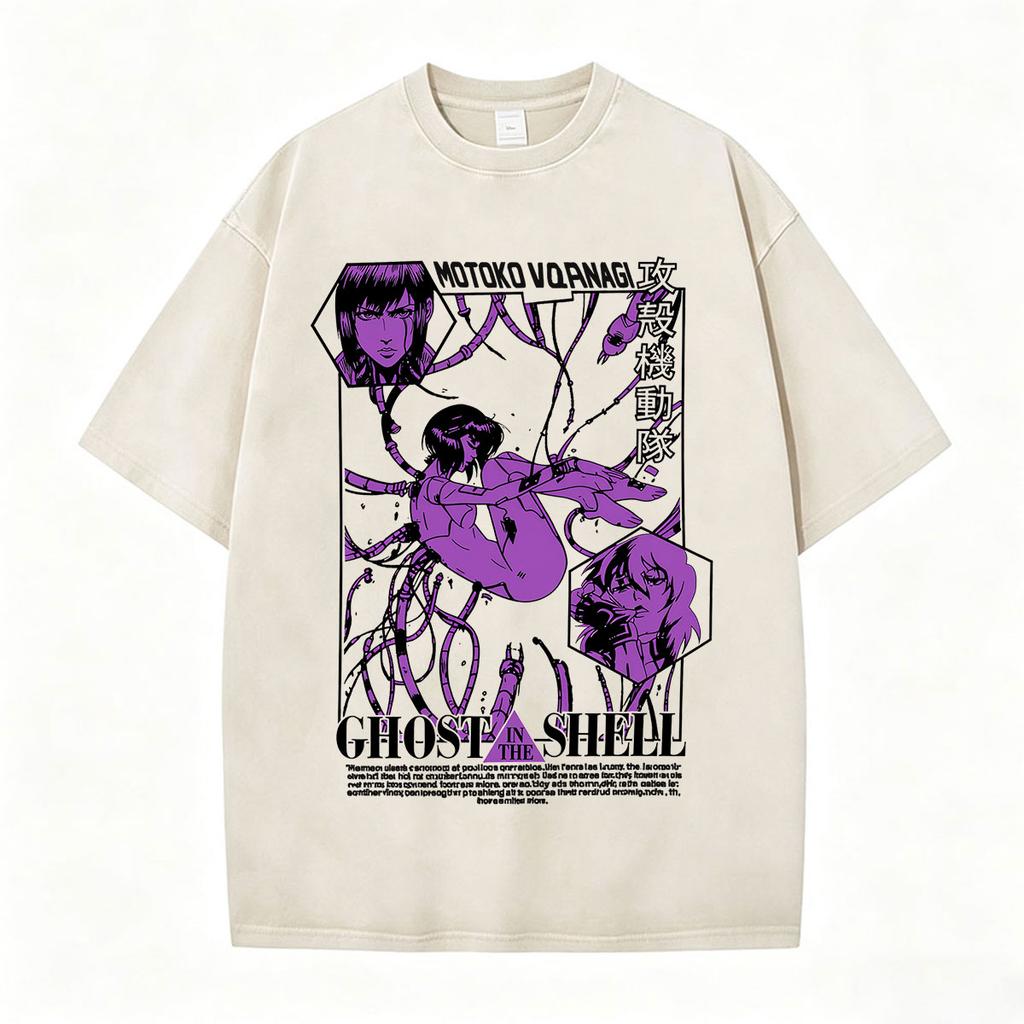 Camisetas Gráficas Vintage Lavadas de Anime Ghost in The Shell Motoko Kusanagi para Hombre y Mujer Moda Camisetas de Manga Corta Oversize
