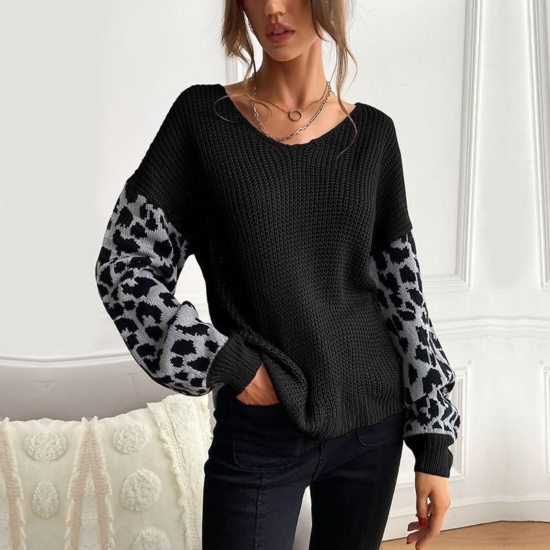 Womens Lightweight Round Neck Knit Sweater Leopard Print Loose Fit Long Sleeve Casual Top