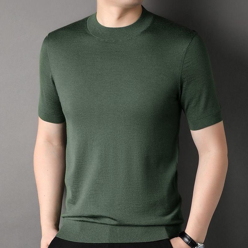 T-shirt Estiva da Uomo a Maniche Corte in Filato Pettinato Mercerizzato Versatile Moda Abbigliamento Maschile Collo Alto Mezzo Casual Base Top a Maglia