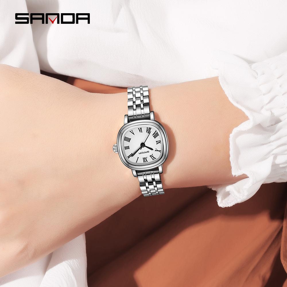 SANDA Women Quartz Watch Fashion Elegant Rose Gold Simple Roman Analog Display Stainless Steel Strap Wristwatch for Ladies