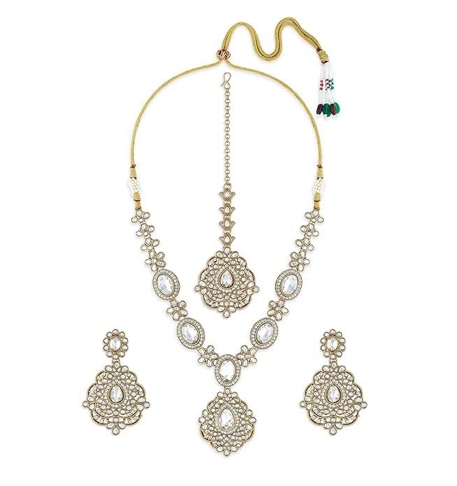 Antique Gold Tone Dazzling Stones Necklace Earring & Maangtikka Set For Women
