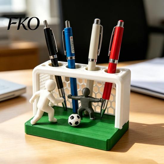 Eco-friendly Pen Holder Soccer Goal And Player Figure Holder, 3D Printed Sports Desktop Stationery Organizer Theme Pencil 4 Hole for Home, Office