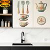 Removable Wall Art for Dining Room 7Pcs 2D Flat Kitchen Wooden Decor, Retro Teapot Tableware Themed Soft Tone Stickers Art, Self?Adhesive