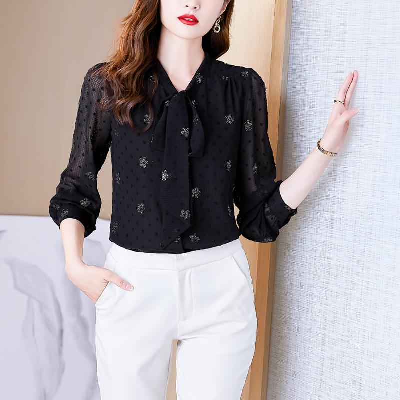 Dámská High-End Módní Hedvábná Košile s Dlouhým Rukávem a Mašlí - Kolekce Zmenšující Věk Jaro 2025