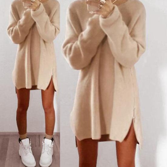 Women Dress Solid Color Sideway Zip Sexy Long Sleeve O Neck Mini Sweater Dress for Spring