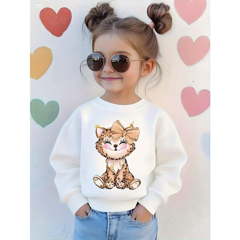 Kids Crewneck Long Sleeve Sweatshirt, Golden Bow Leopard Cute Cartoon Cat Print 110 белый