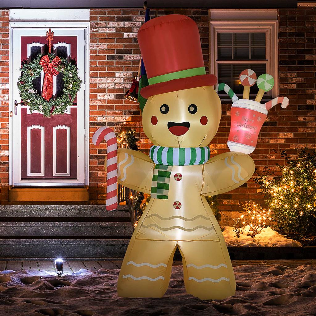 7.5ft Christmas Inflatable Gingerbread Man with Candy Cane, Blow-Up Outdoor Garden Display for Lawn, Party