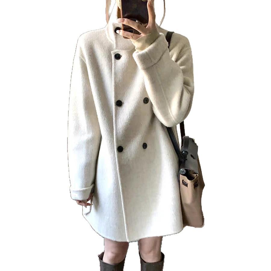 Abrigo de Lana Negro para Mujer - Principios de Invierno 2025, Petita, Elegante, Engrosado, Diseño Coreano