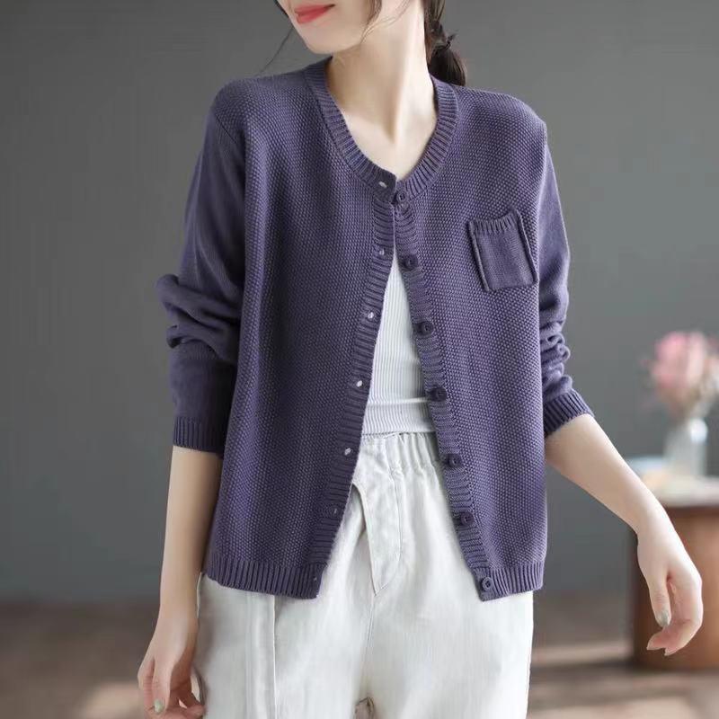 Damski kardigan dziergany w stylu koreańskim: Wiosna 2025 Luźny Top Wyszczuplający z Okrągłym Dekoltem