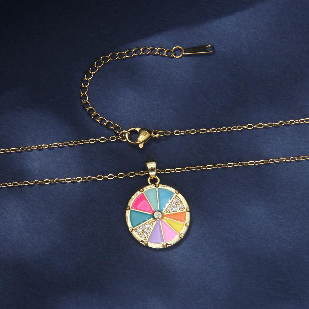 Gorgeous Oil Dropping Wheel Collar Chain for Women's Minimalist and Unique Zircon Colorful Geometric Round Necklace
