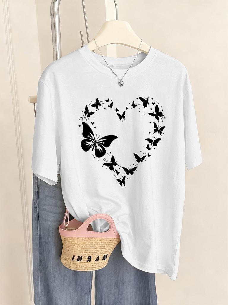 Schmetterling Herz Bedruckte T-Shirts Damen Lässig Weiche T-Shirts Locker Bequem Kurzarm Oberteile Sommer O-Ausschnitt Damen Kleidung