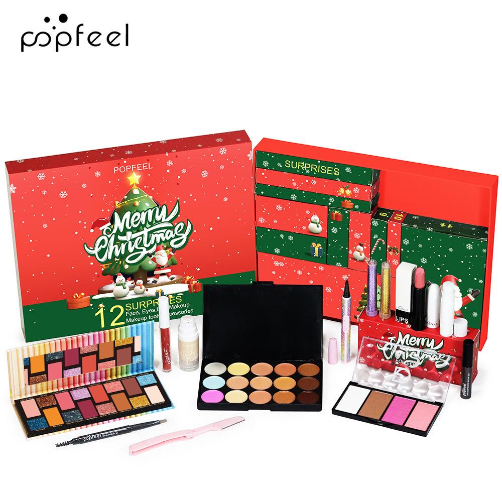 Popfeel Crăciun Fericit 12 Surprize Calendar de Advent Set Machiaj Kit Cosmetic Complet pentru Față Fard de Ochi Ruj Fond de Ten Cutie Cadou de Sărbători pentru Femei
